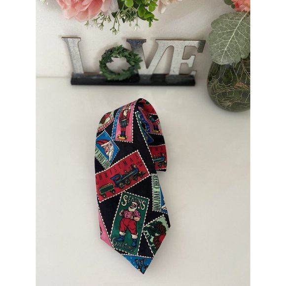 Vintage Addiction 1991 Christmas Santa Postcard Tie 100% Silk Holiday Multi Wide - Picture 7 of 16
